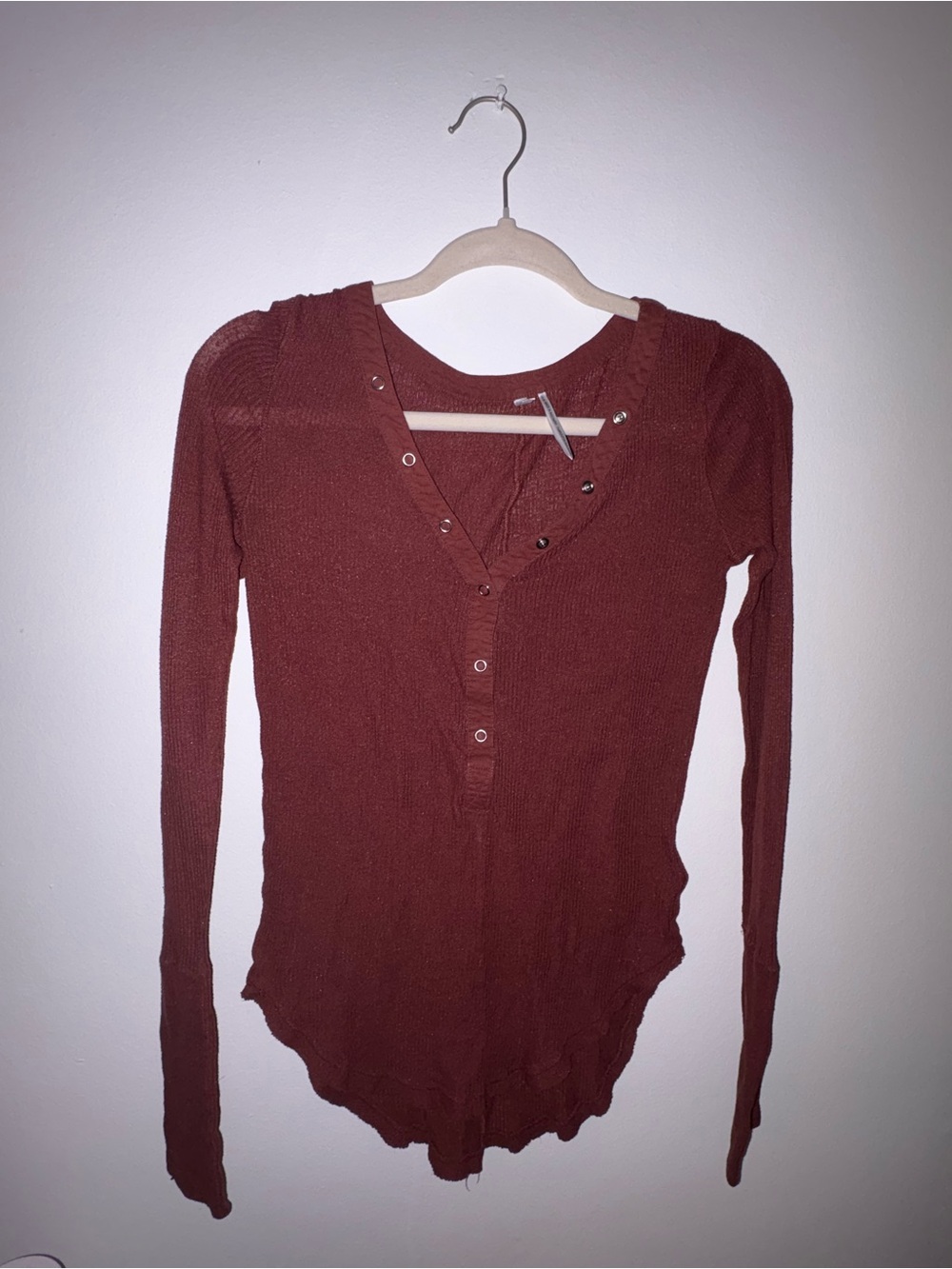 Urban Outfitters Ribbed Henley Long Sleeve Top in Rust Brown
